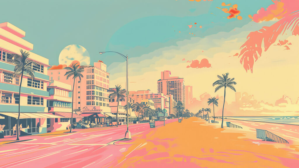 Miami beach scene illustrated in pastel colors, showcasing a line of shops, restaurants and hotels along the beach