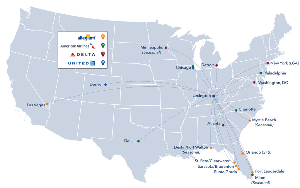 Map showing the 19 non-stop destinations that are offered at Blue Grass Airport.