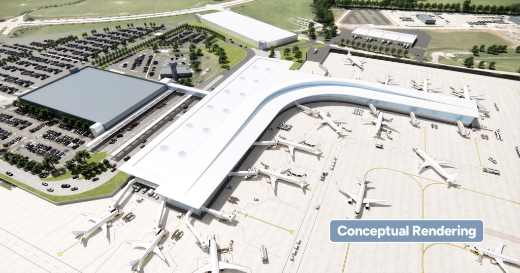 Conceptual rendering of future airport terminal.