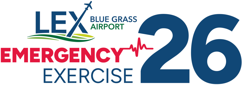 A graphic containing the words Emergency Exercise 26 and Blue Grass Airport logo.