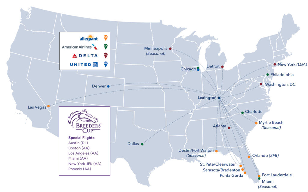 A map showing Blue Grass Airport's non-stop destination including special Breeders' Cup flights.