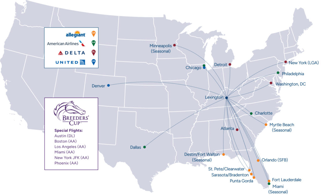 A map showing Blue Grass Airport's non-stop destination including special Breeders' Cup flights.