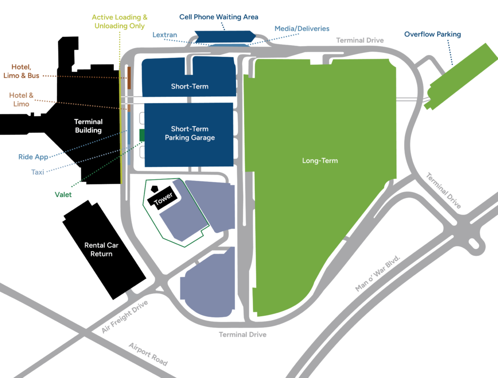 This is a parking map for Blue Grass Airport showing the parking lots and parking garage.