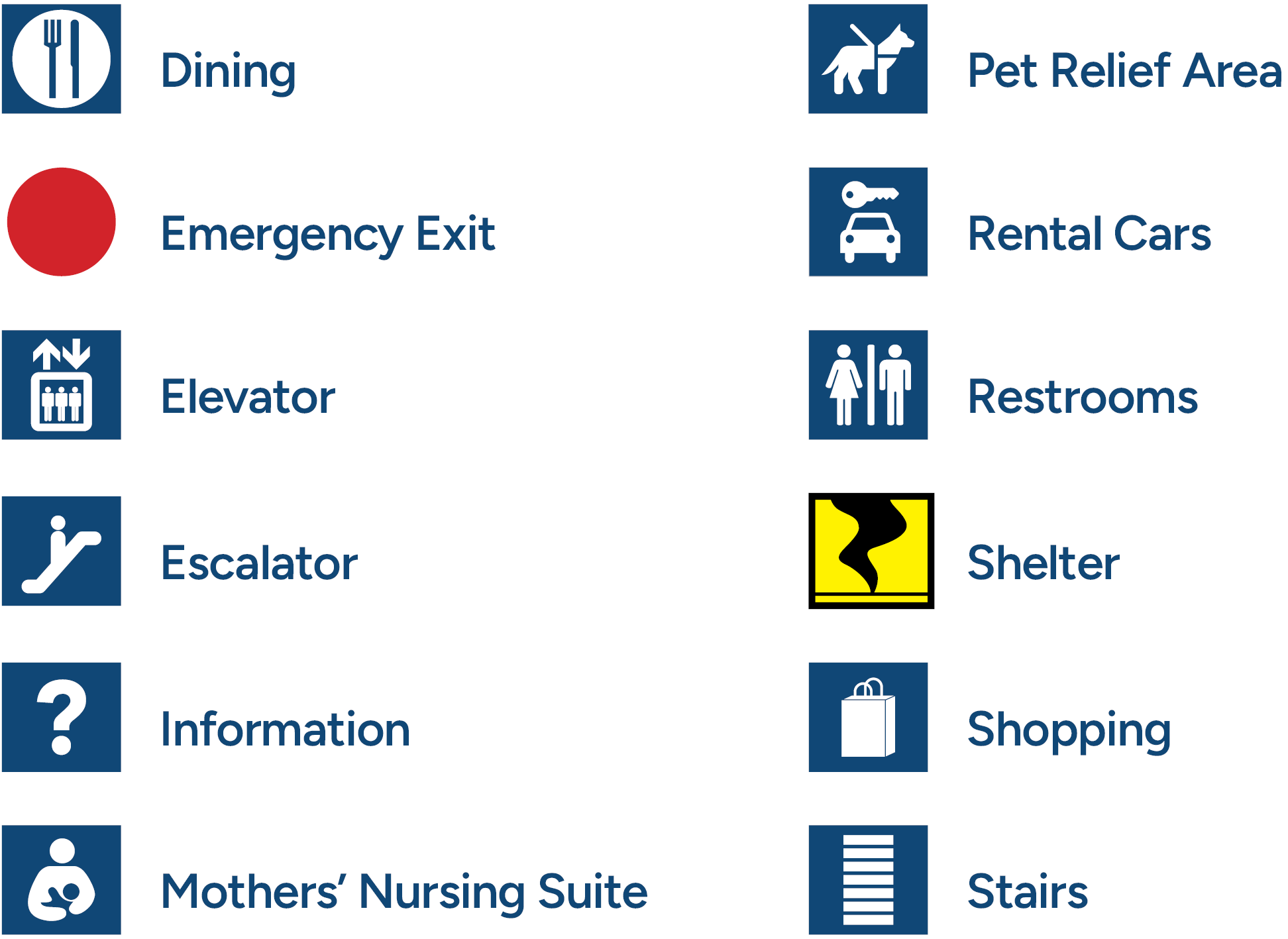 This is a legend for the locations on the map diagram of the  Blue Grass Airport terminal.