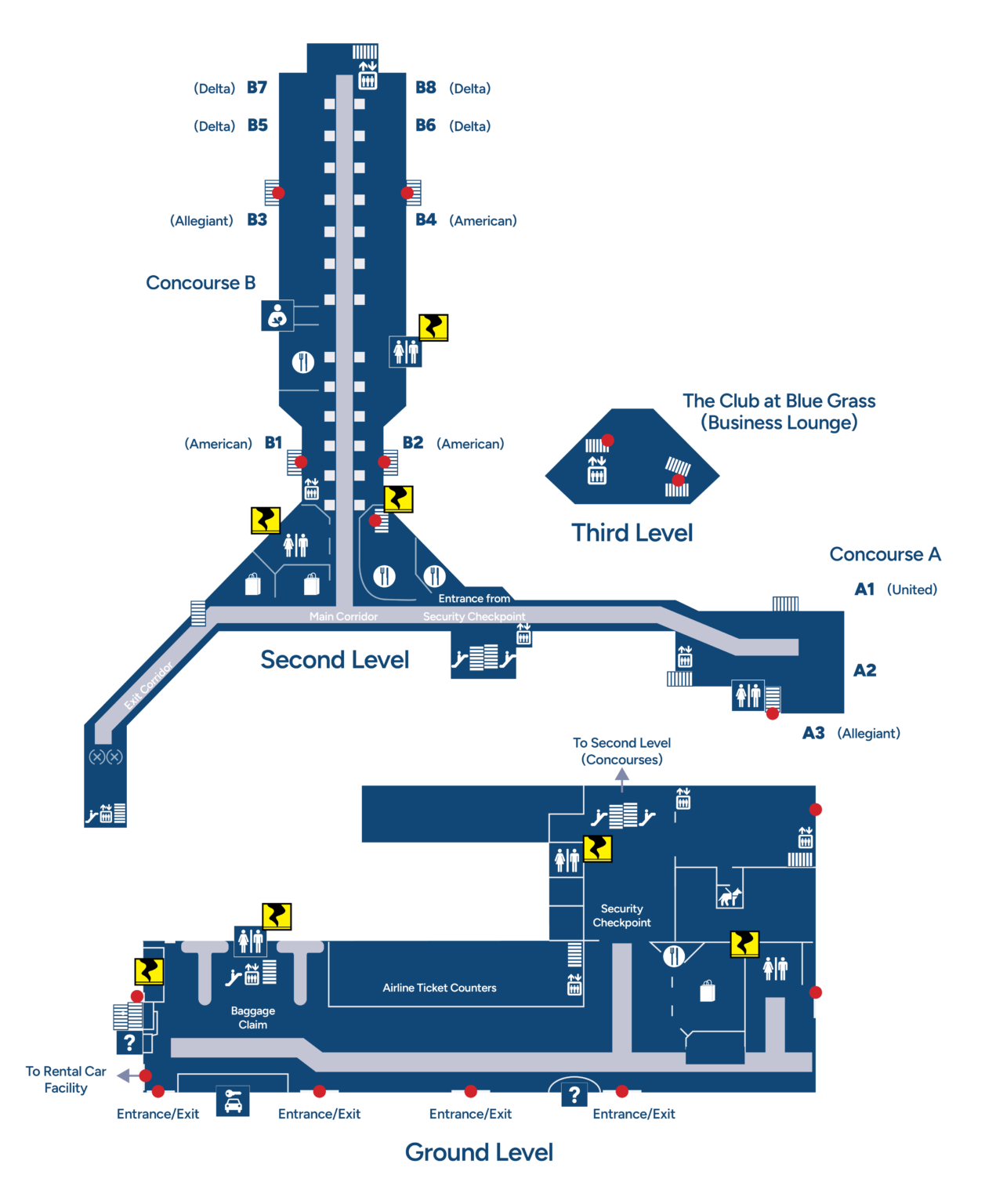 This is a diagram map of the upper and lower levels of Blue Grass Airport with gate areas and notable locations labeled.